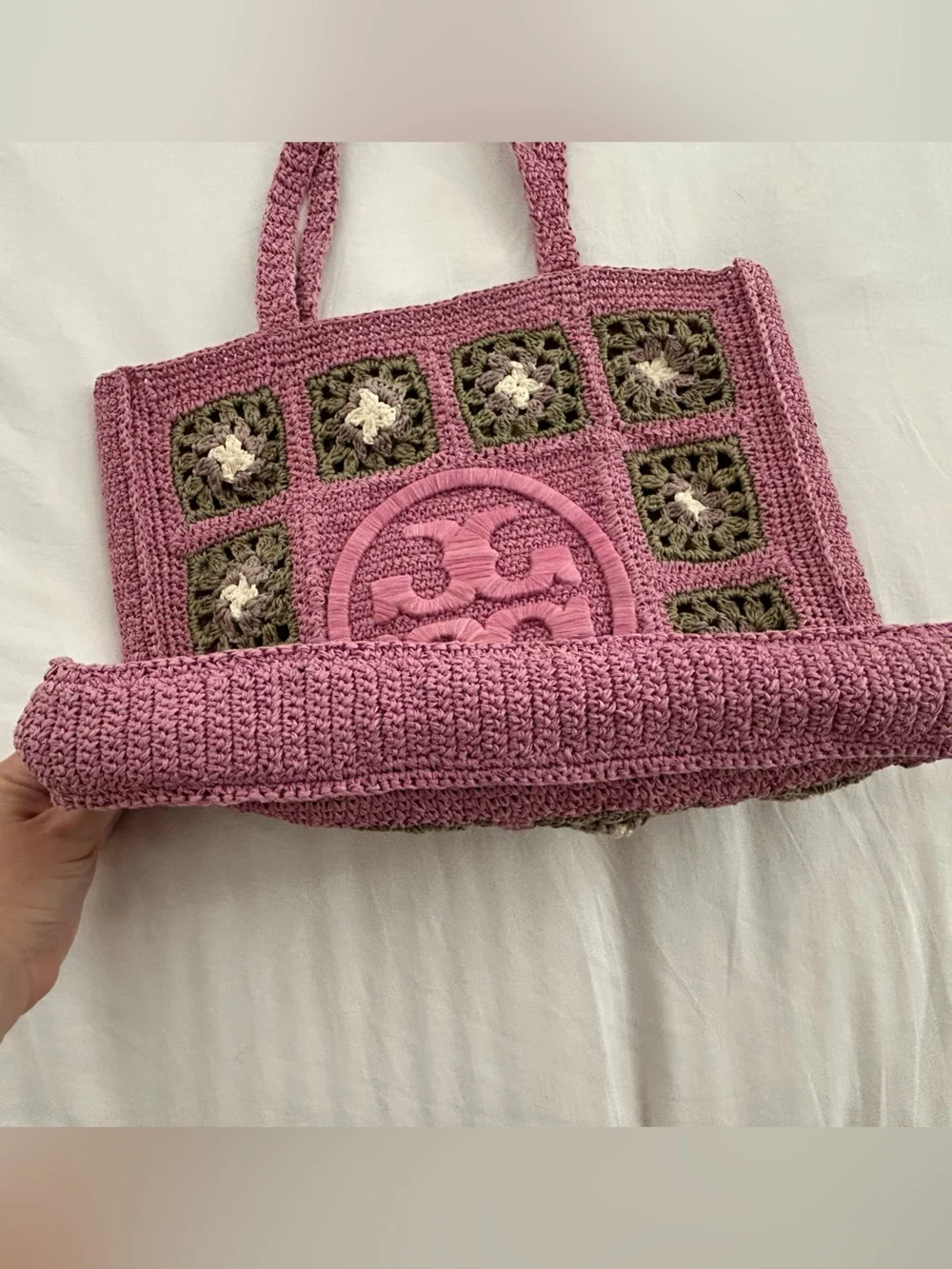 Rare TORY BURCH Large Ella Crochet Floral Pink Green Tote Bag India Beach Summer